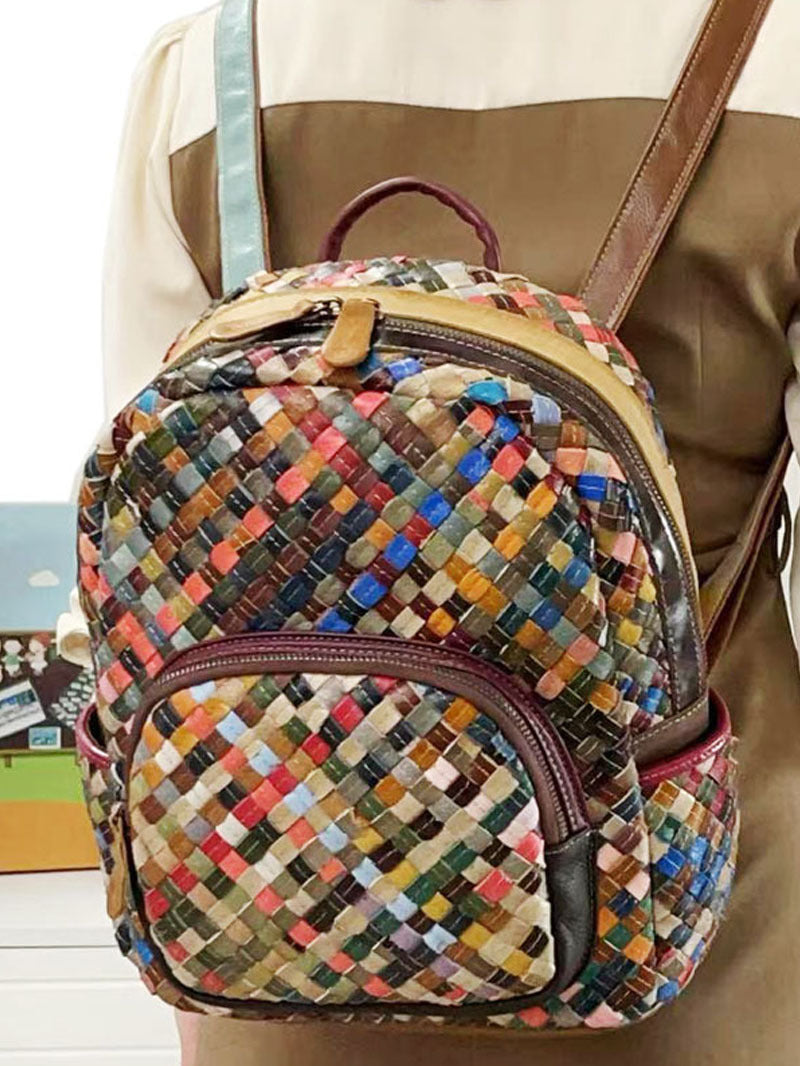 Fashionable Women's Bag, Genuine Leather Backpack, Spliced Colorful Cowhide, Hand-Woven Backpack, Women's Bag