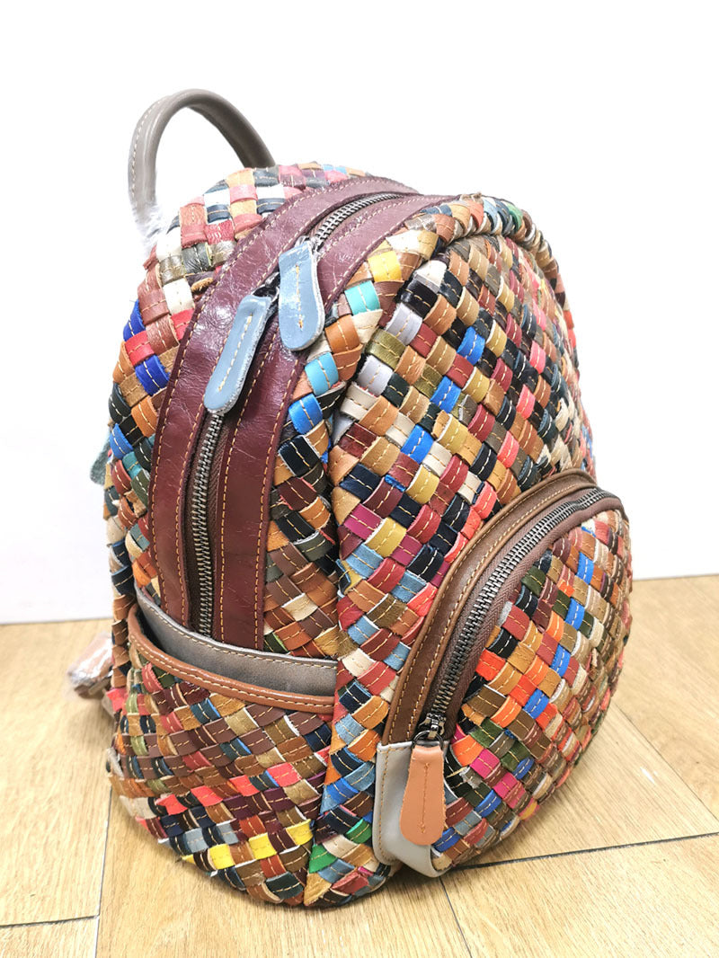 Fashionable Women's Bag, Genuine Leather Backpack, Spliced Colorful Cowhide, Hand-Woven Backpack, Women's Bag