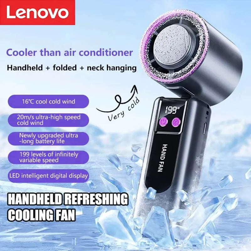 Ventilateur de refroidissement haute vitesse Lenovo 199 vitesses avec affichage numérique de la charge USB, grande turbine éolienne, ventilateur portable de poche, mini ventilateur de refroidissement