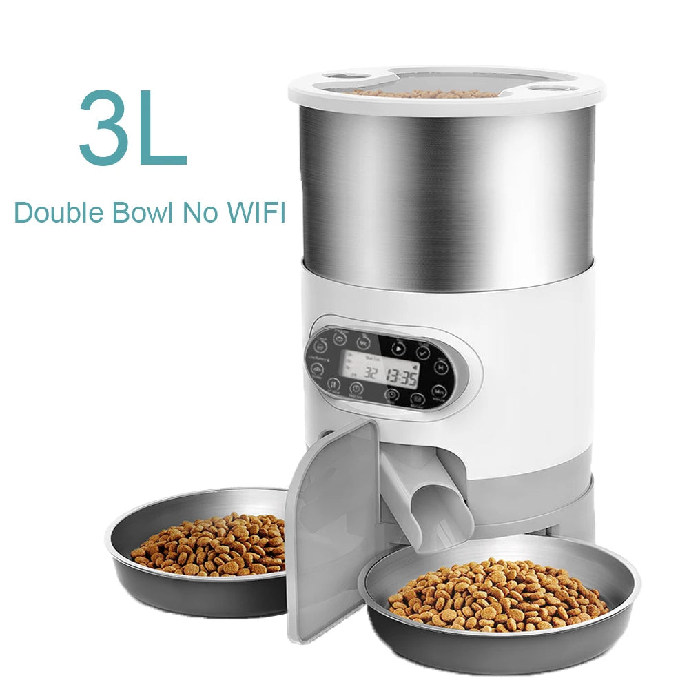 Distributeur de nourriture automatique intelligent pour animaux de compagnie, chat et chien, gamelle en acier inoxydable grande capacité avec application WIFI, enregistrement vocal et programmation pour l'alimentation des animaux.