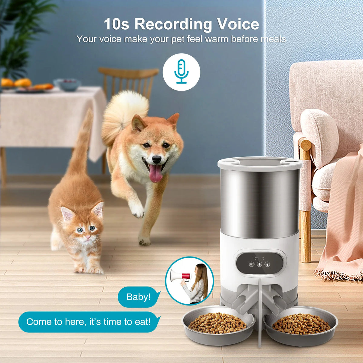 Distributeur de nourriture automatique intelligent pour animaux de compagnie, chat et chien, gamelle en acier inoxydable grande capacité avec application WIFI, enregistrement vocal et programmation pour l'alimentation des animaux.