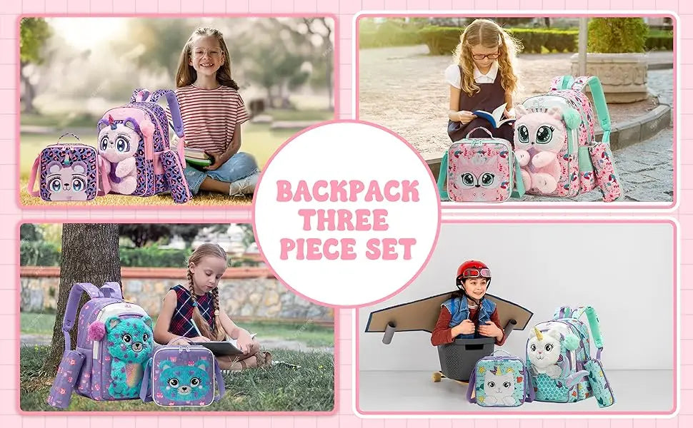 Sacs à dos pour enfants pour filles Sac à dos d'école avec sac à déjeuner Trousse à crayons pour les élèves du primaire Sac d'école de voyage pour enfants en peluche dessin animé 3D