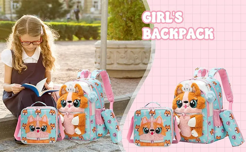 Sacs à dos pour enfants pour filles Sac à dos d'école avec sac à déjeuner Trousse à crayons pour les élèves du primaire Sac d'école de voyage pour enfants en peluche dessin animé 3D