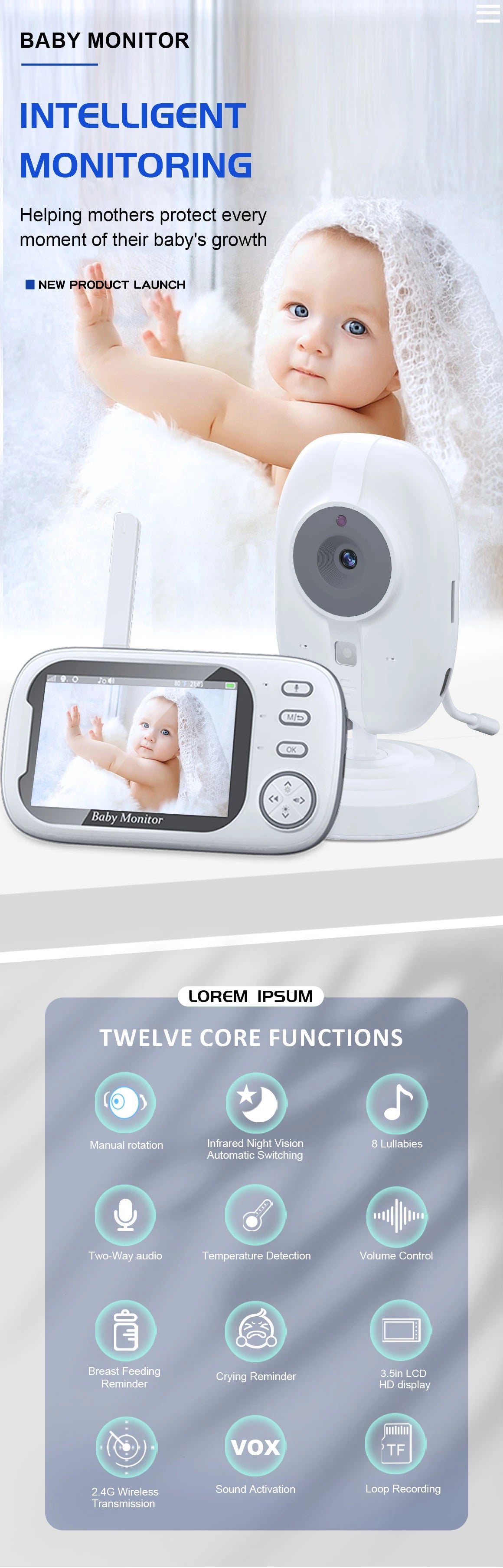 Cdycam Nouveau moniteur vidéo pour bébé sans fil 3,5 pouces Vision nocturne Surveillance de la température Audio bidirectionnel Caméra de sécurité pour bébé nounou