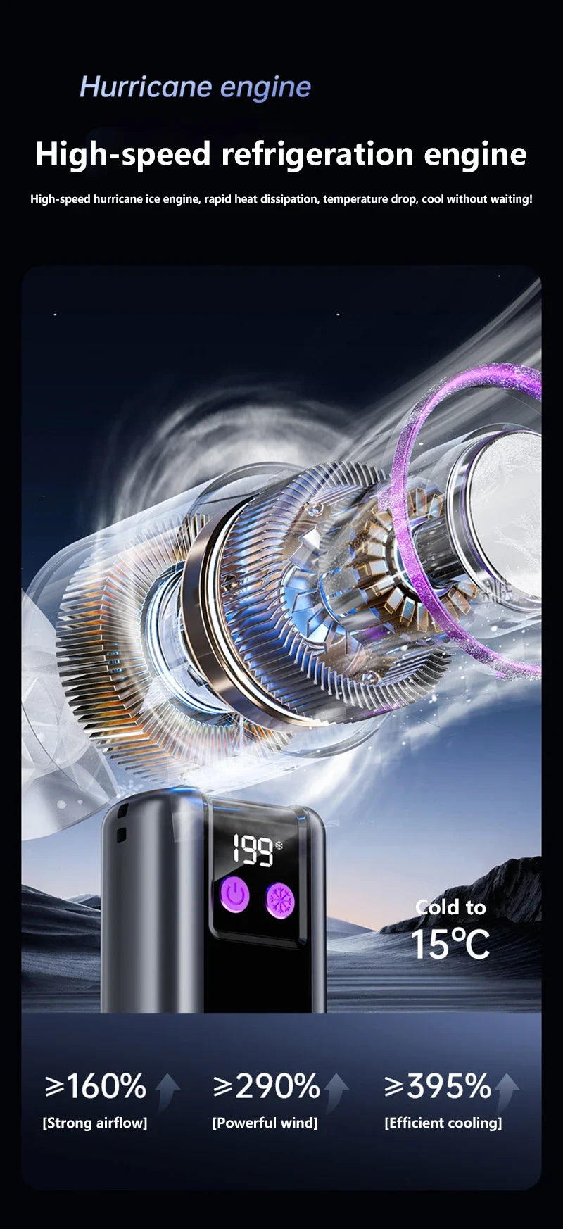 Ventilateur de refroidissement haute vitesse Lenovo 199 vitesses avec affichage numérique de la charge USB, grande turbine éolienne, ventilateur portable de poche, mini ventilateur de refroidissement