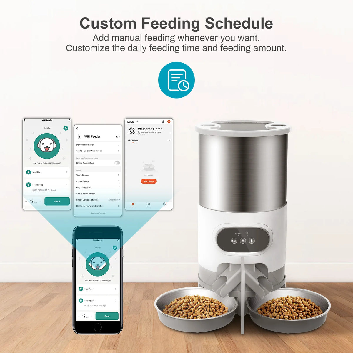 Distributeur de nourriture automatique intelligent pour animaux de compagnie, chat et chien, gamelle en acier inoxydable grande capacité avec application WIFI, enregistrement vocal et programmation pour l'alimentation des animaux.