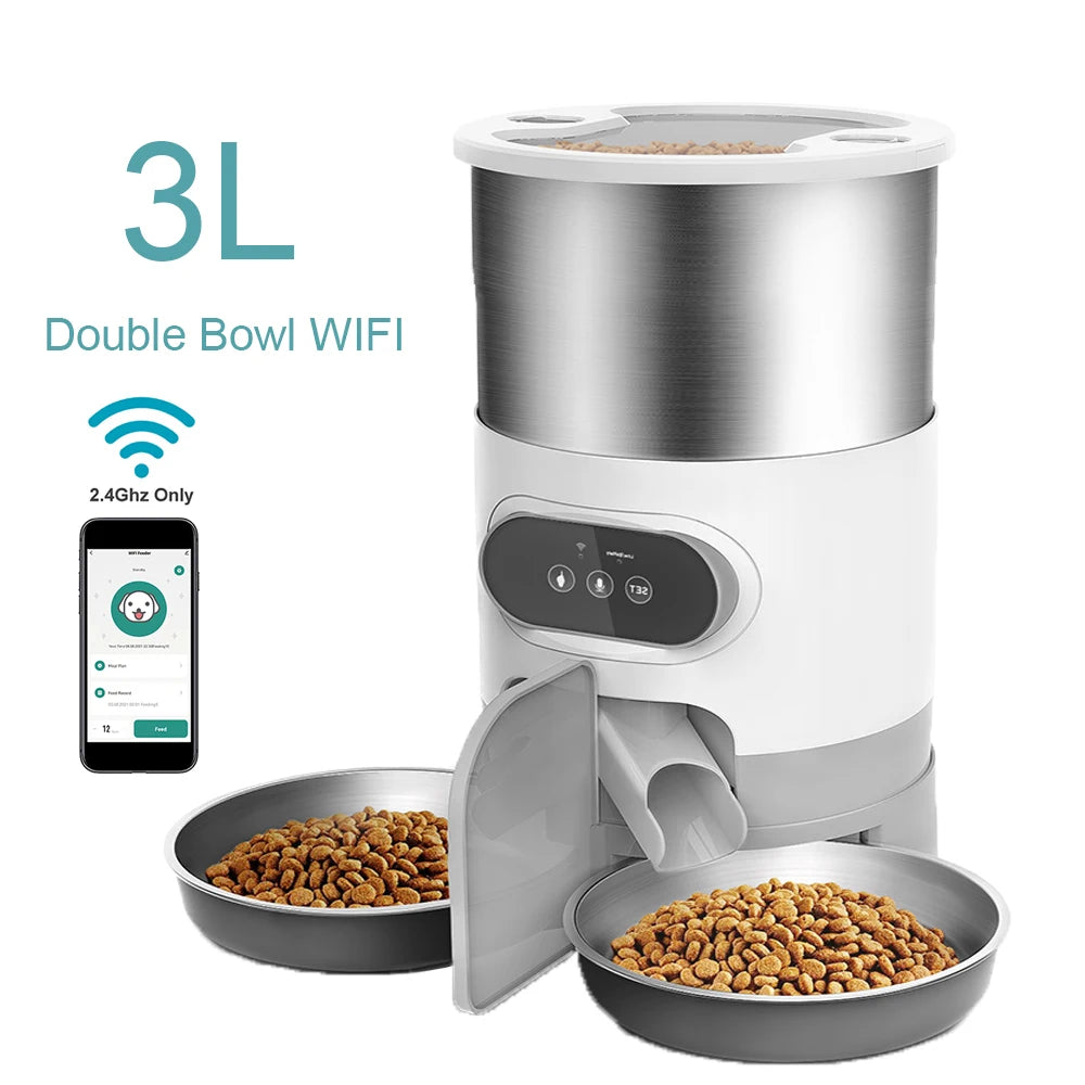 Distributeur de nourriture automatique intelligent pour animaux de compagnie, chat et chien, gamelle en acier inoxydable grande capacité avec application WIFI, enregistrement vocal et programmation pour l'alimentation des animaux.