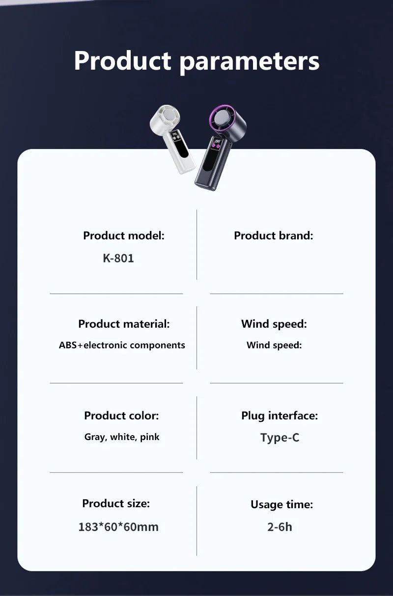Ventilateur de refroidissement haute vitesse Lenovo 199 vitesses avec affichage numérique de la charge USB, grande turbine éolienne, ventilateur portable de poche, mini ventilateur de refroidissement