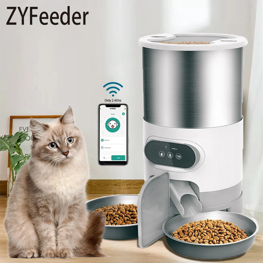 Distributeur de nourriture automatique intelligent pour animaux de compagnie, chat et chien, gamelle en acier inoxydable grande capacité avec application WIFI, enregistrement vocal et programmation pour l'alimentation des animaux.