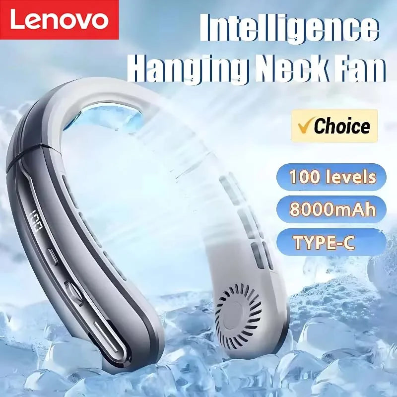 Ventilateur de cou portable sans pales Lenovo 8000 mAh, ventilateur de tour de cou, affichage numérique, refroidisseur d'air portable, ventilateur électrique rechargeable USB