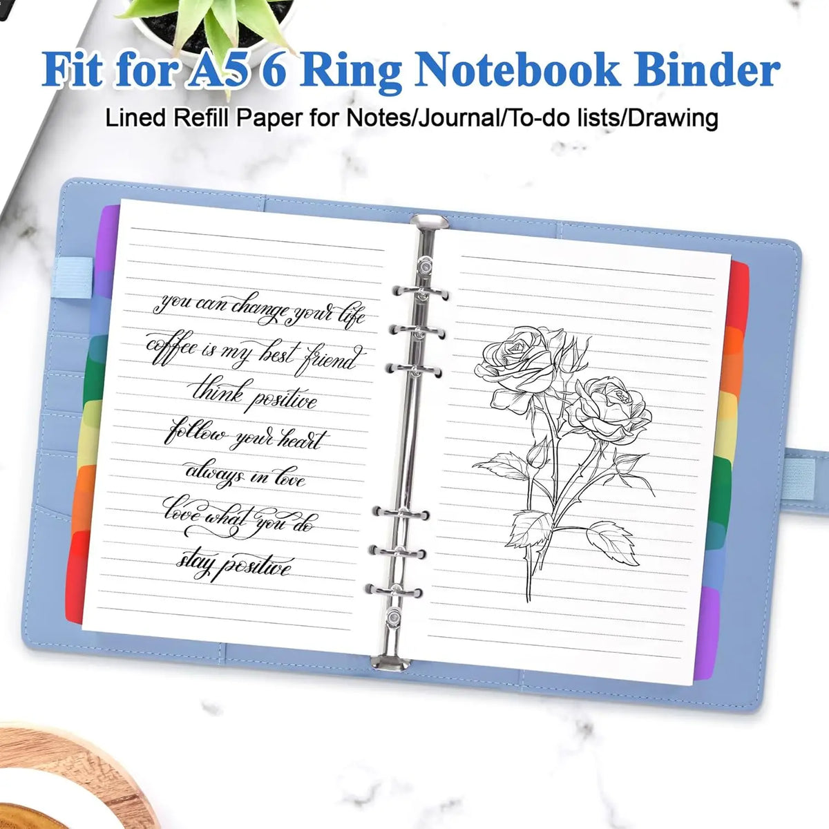 A5 Refill Paper Planner Inserts, 6-Hole Loose Leaf Paper, College Ruled Loose Leaf with Binder Dividers, Punched Notebook Refill