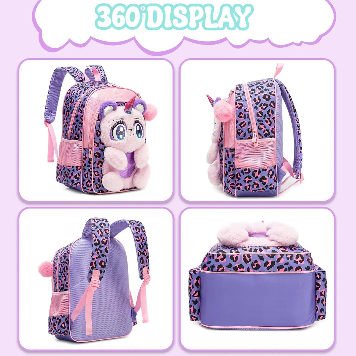 Sacs à dos pour enfants pour filles Sac à dos d'école avec sac à déjeuner Trousse à crayons pour les élèves du primaire Sac d'école de voyage pour enfants en peluche dessin animé 3D