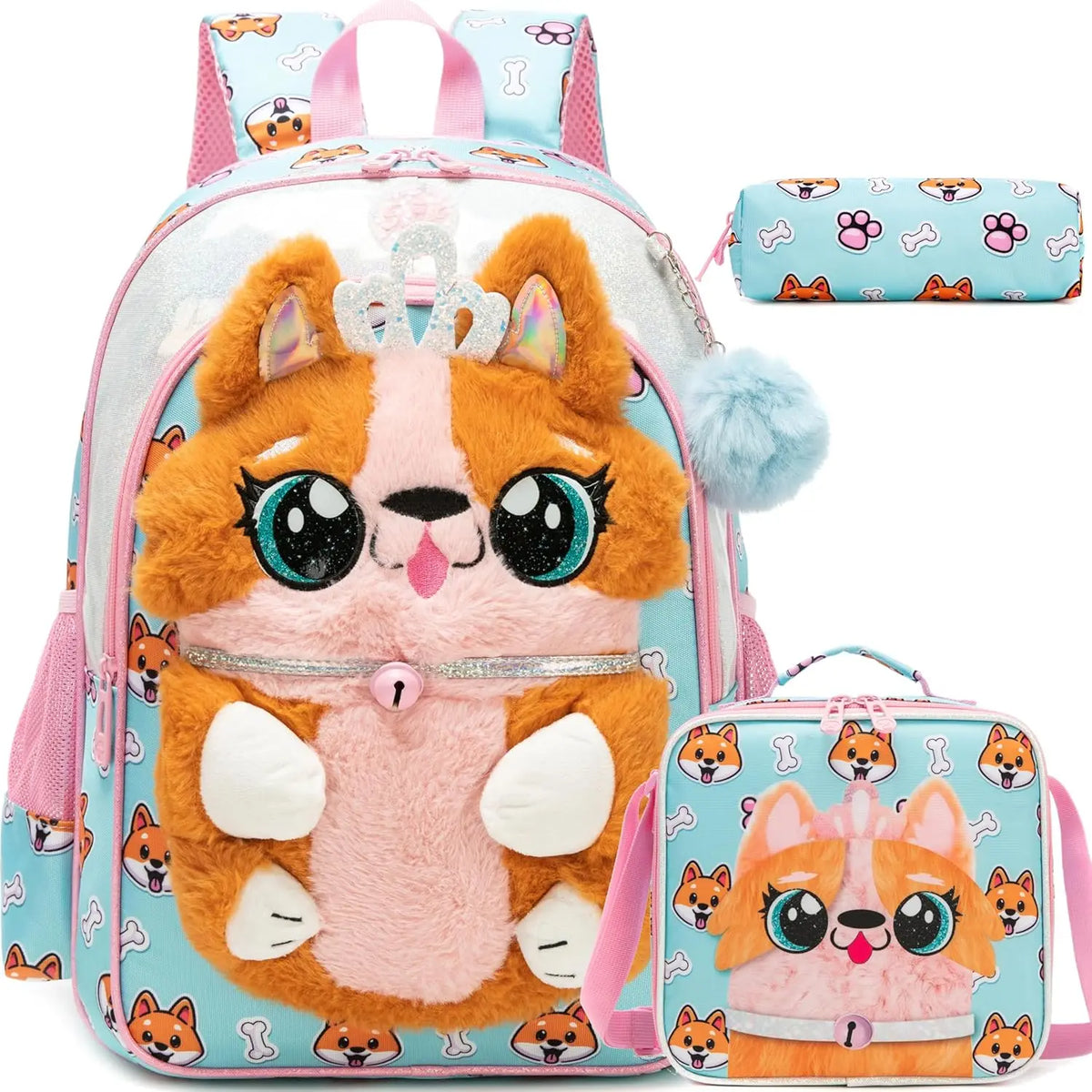 Sacs à dos pour enfants pour filles Sac à dos d'école avec sac à déjeuner Trousse à crayons pour les élèves du primaire Sac d'école de voyage pour enfants en peluche dessin animé 3D