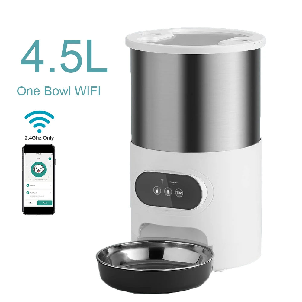 Distributeur de nourriture automatique intelligent pour animaux de compagnie, chat et chien, gamelle en acier inoxydable grande capacité avec application WIFI, enregistrement vocal et programmation pour l'alimentation des animaux.