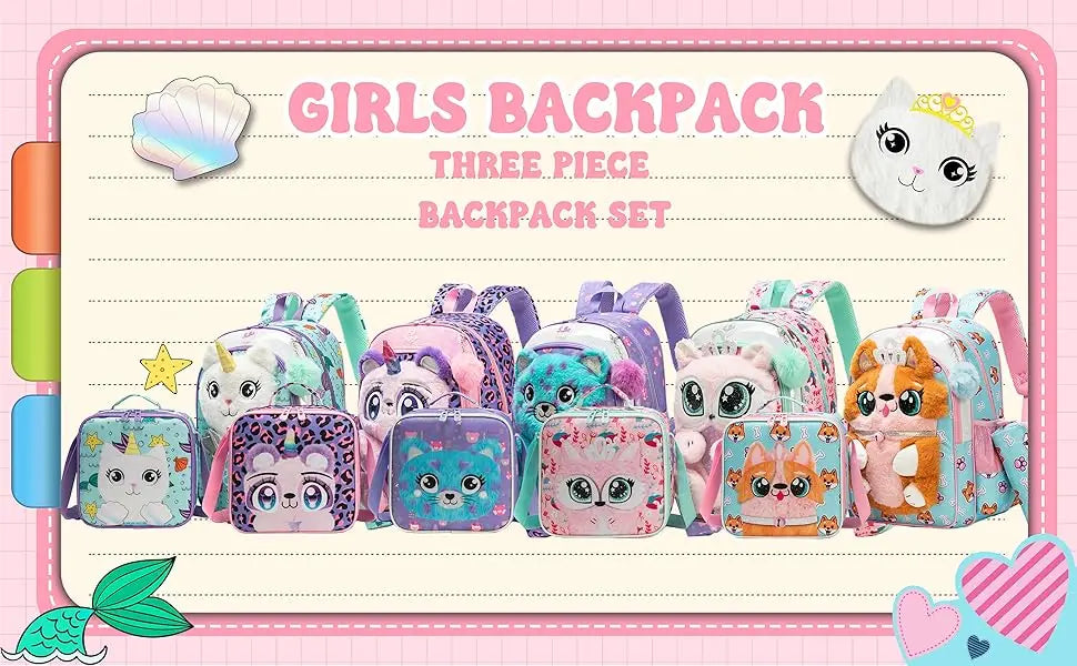 Sacs à dos pour enfants pour filles Sac à dos d'école avec sac à déjeuner Trousse à crayons pour les élèves du primaire Sac d'école de voyage pour enfants en peluche dessin animé 3D