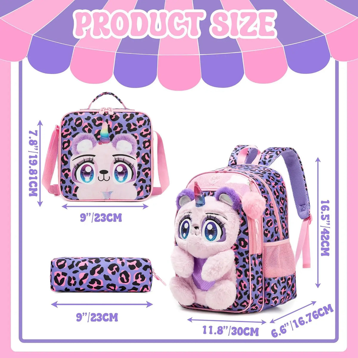Sacs à dos pour enfants pour filles Sac à dos d'école avec sac à déjeuner Trousse à crayons pour les élèves du primaire Sac d'école de voyage pour enfants en peluche dessin animé 3D