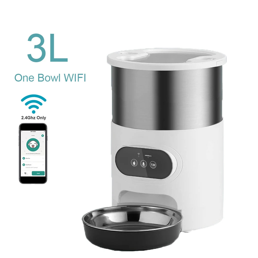 Distributeur de nourriture automatique intelligent pour animaux de compagnie, chat et chien, gamelle en acier inoxydable grande capacité avec application WIFI, enregistrement vocal et programmation pour l'alimentation des animaux.