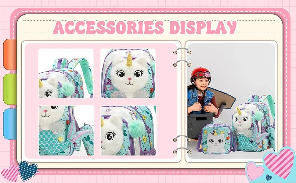 Sacs à dos pour enfants pour filles Sac à dos d'école avec sac à déjeuner Trousse à crayons pour les élèves du primaire Sac d'école de voyage pour enfants en peluche dessin animé 3D