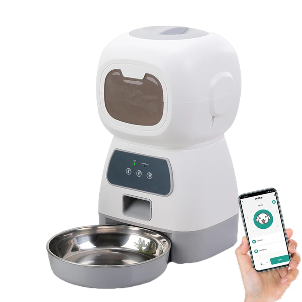 Distributeur de nourriture automatique intelligent pour animaux de compagnie, chat et chien, gamelle en acier inoxydable grande capacité avec application WIFI, enregistrement vocal et programmation pour l'alimentation des animaux.