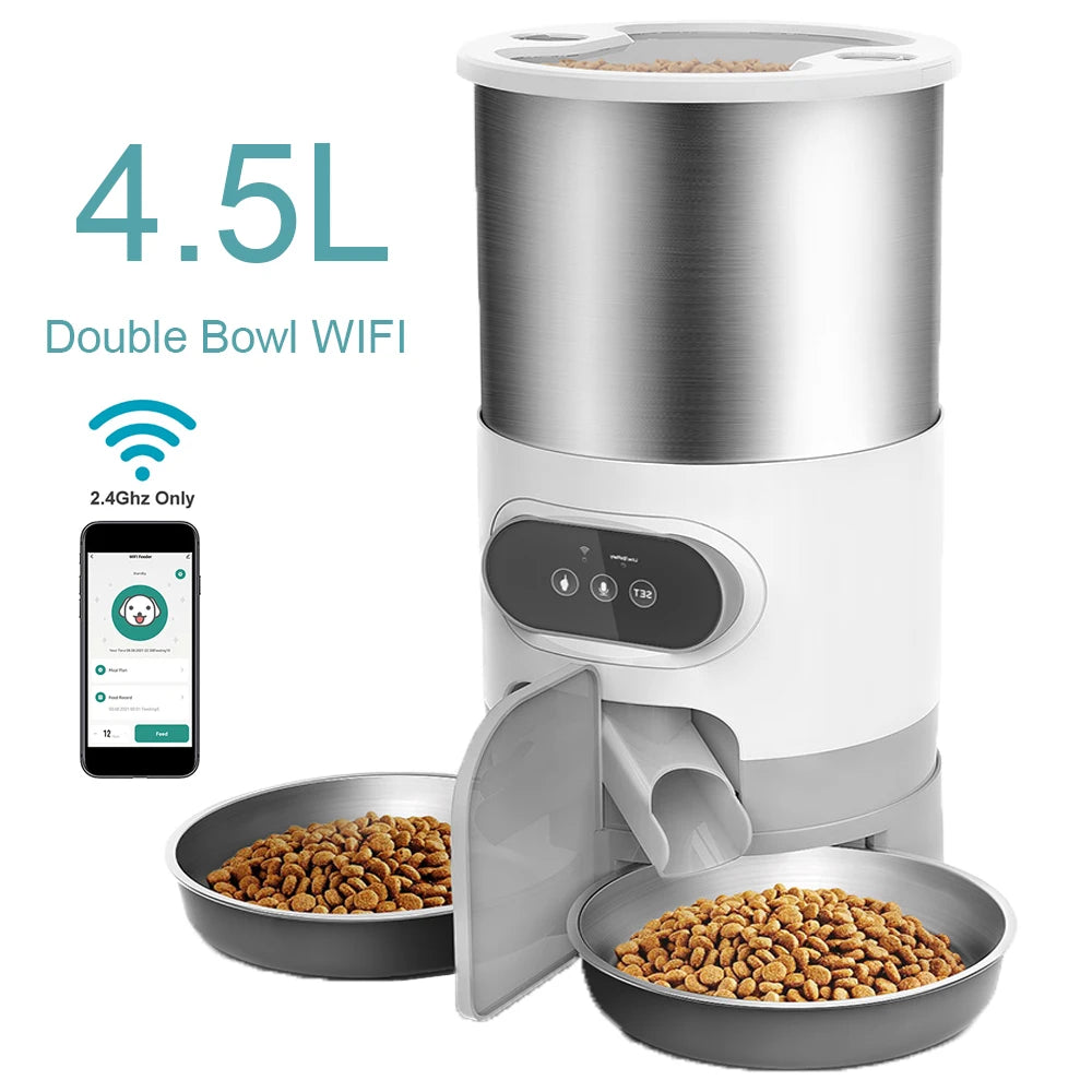 Distributeur de nourriture automatique intelligent pour animaux de compagnie, chat et chien, gamelle en acier inoxydable grande capacité avec application WIFI, enregistrement vocal et programmation pour l'alimentation des animaux.