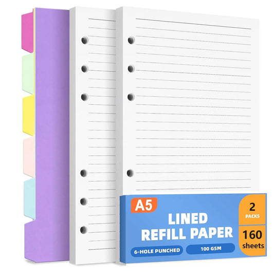 A5 Refill Paper Planner Inserts, 6-Hole Loose Leaf Paper, College Ruled Loose Leaf with Binder Dividers, Punched Notebook Refill