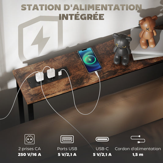 Narrow Industrial Style Console Table with Power Outlets and USB Ports, for Living Room Hallway Entryway, 160x20x80cm, Brown