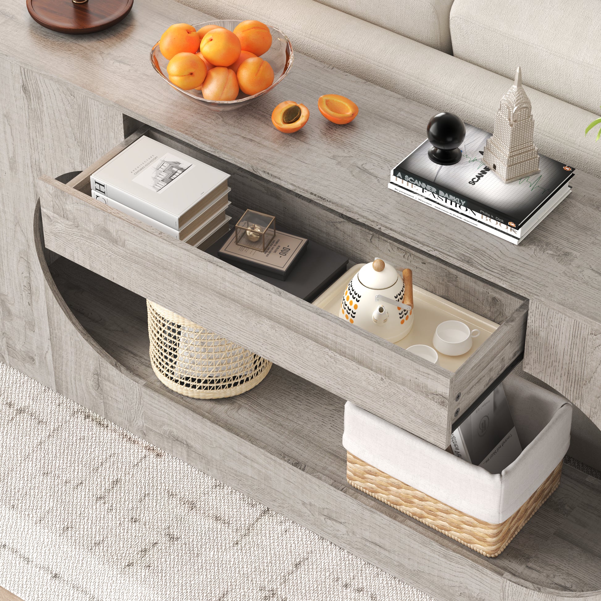 Console d'entrée grise avec tiroir et découpe ovale ajourée