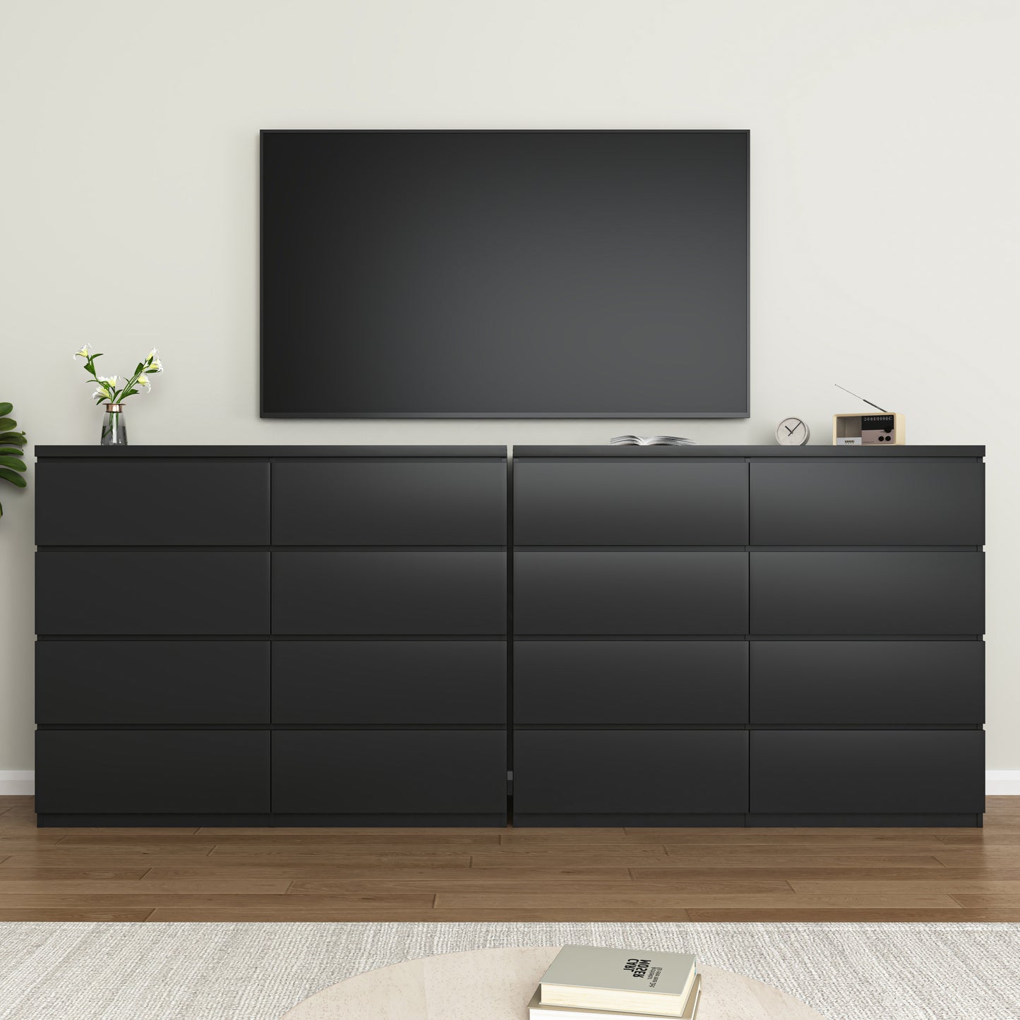 Commode 8 tiroirs en bois pour chambre, noire