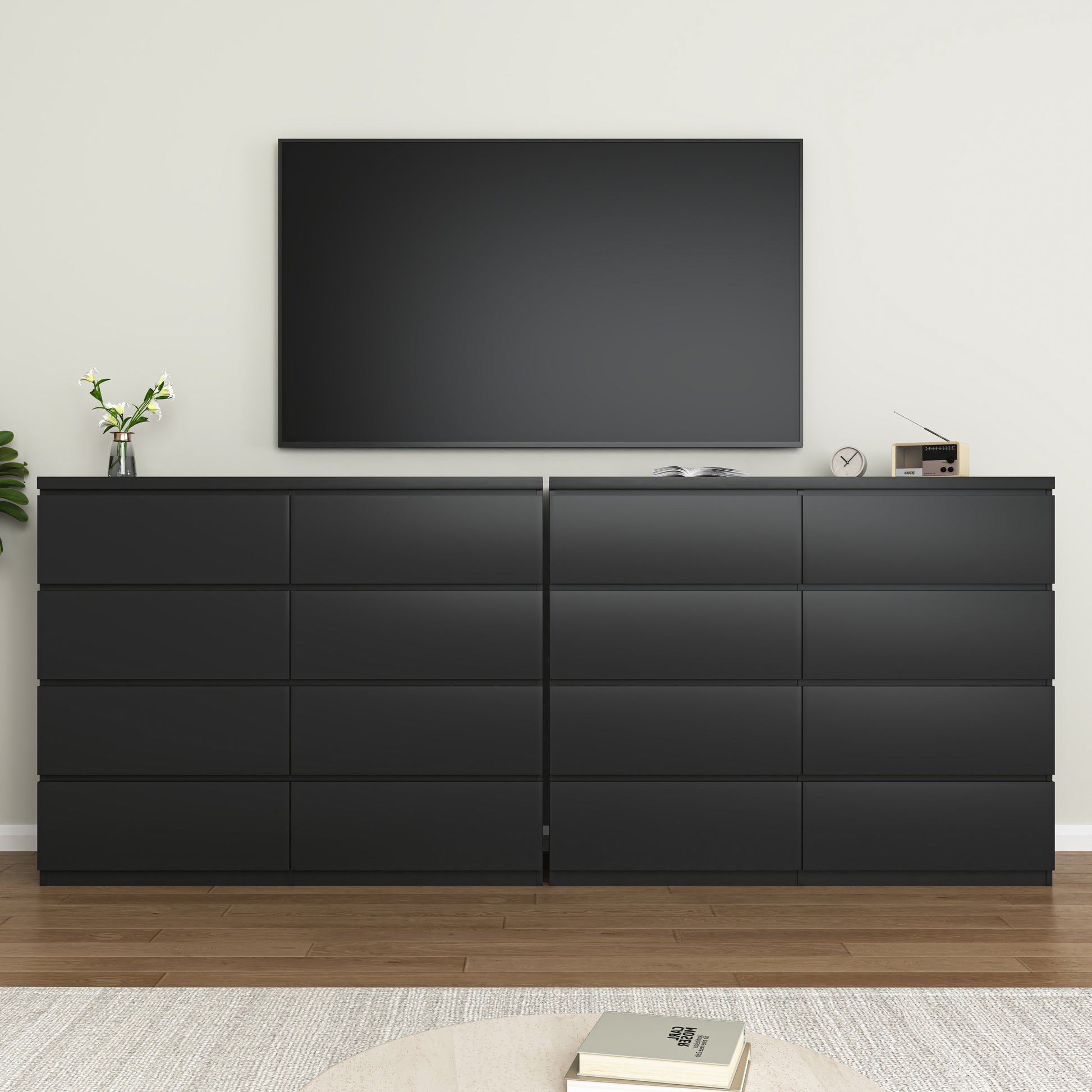 Commode 8 tiroirs en bois pour chambre, noire
