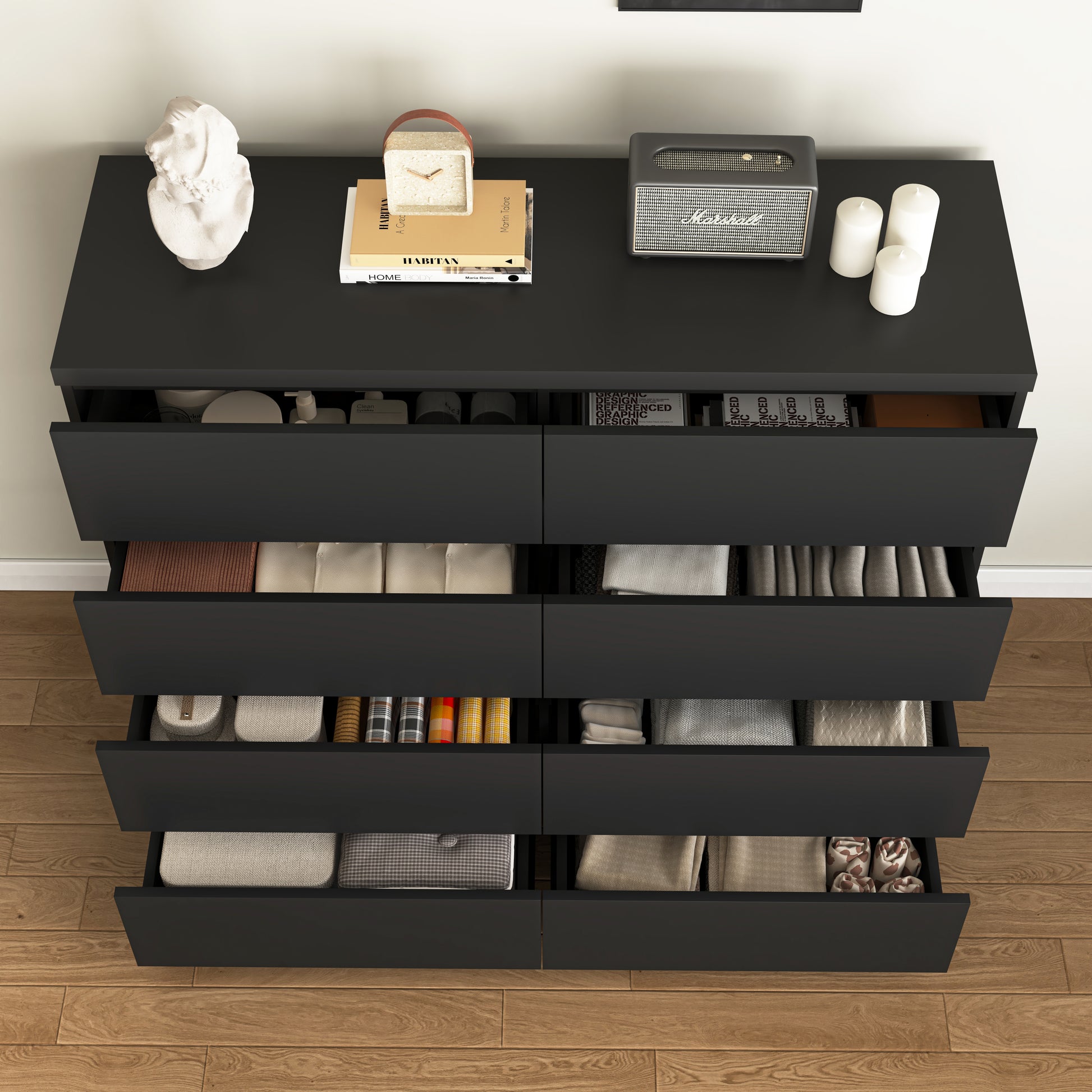 Commode 8 tiroirs en bois pour chambre, noire