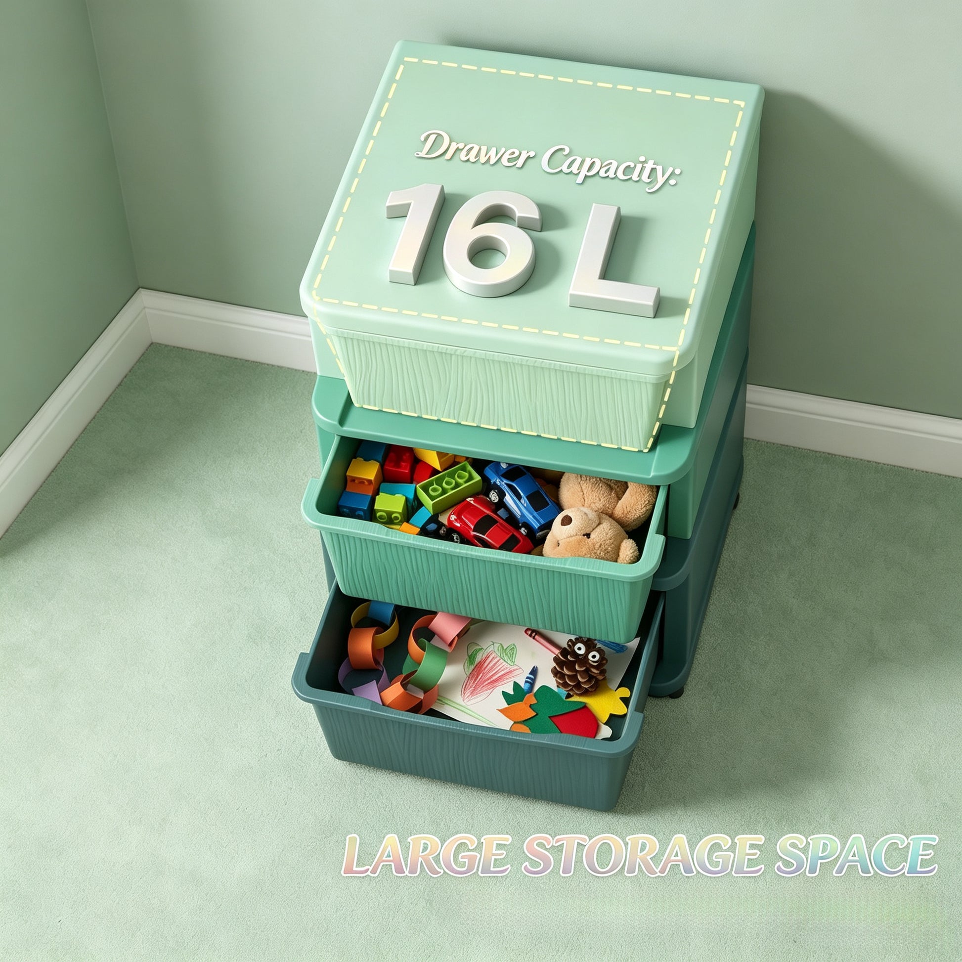 Tour de rangement 3 tiroirs pour jouets, hauteur enfant