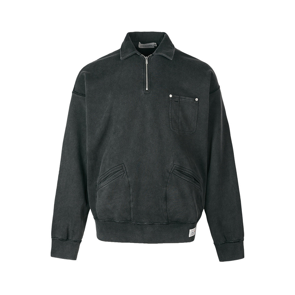 Veste sweat délavée effet vintage, col chemise