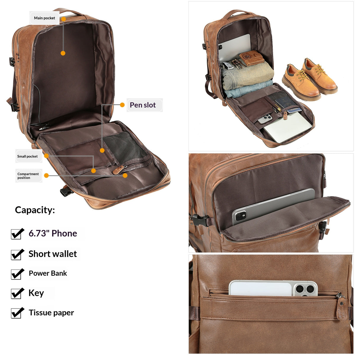 Sac à dos en cuir ciré, grande capacité et port USB