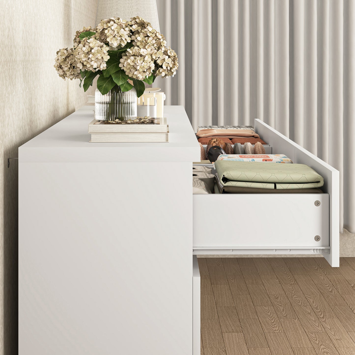 Commode 12 tiroirs en bois blanc, grand rangement chambre