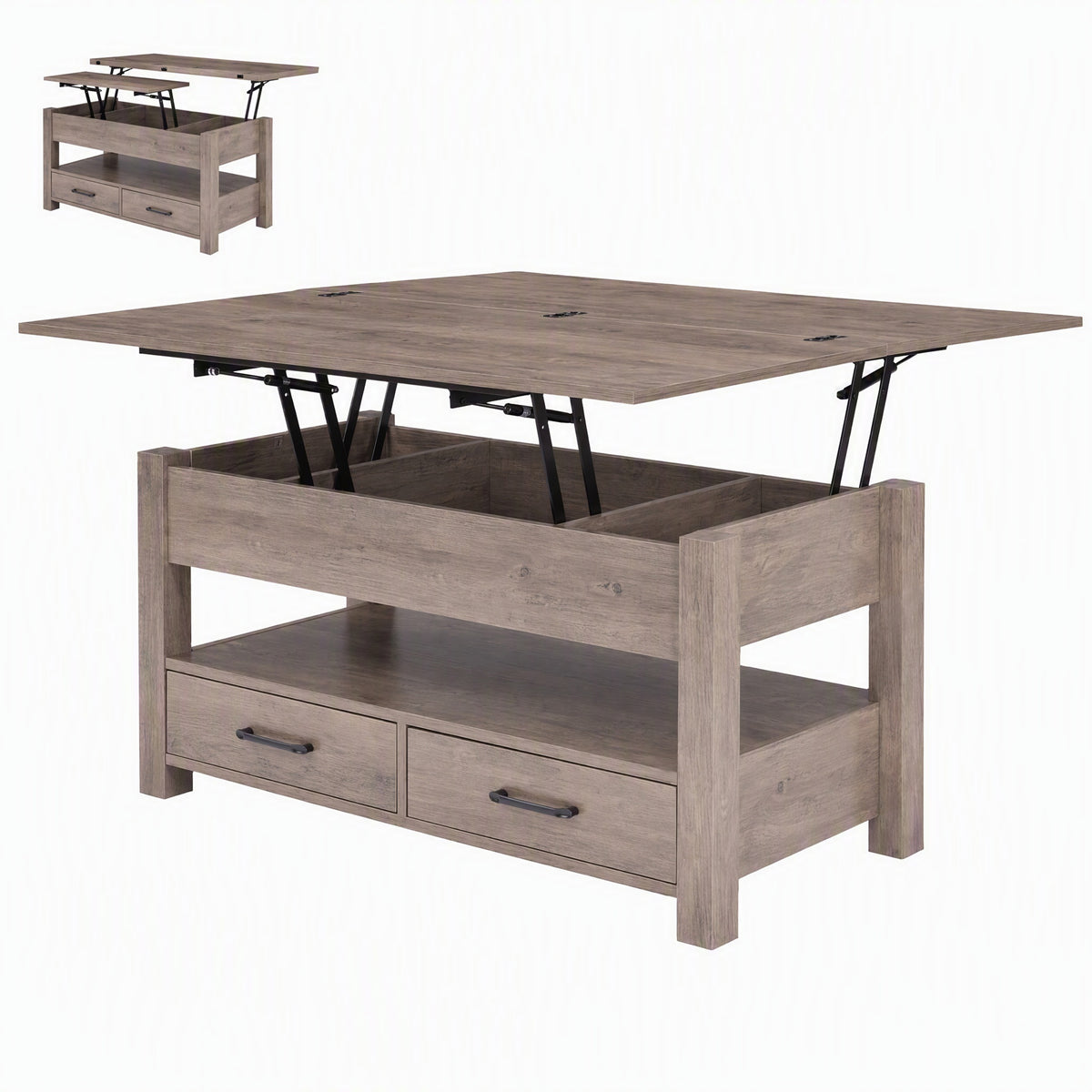 Table basse plateau relevable, tiroirs et rangement caché, bois foncé