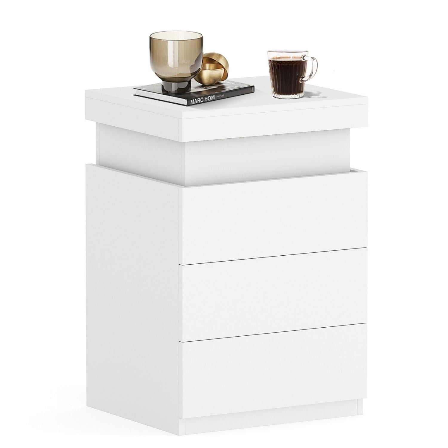 Table de chevet LED avec station de charge et 3 tiroirs