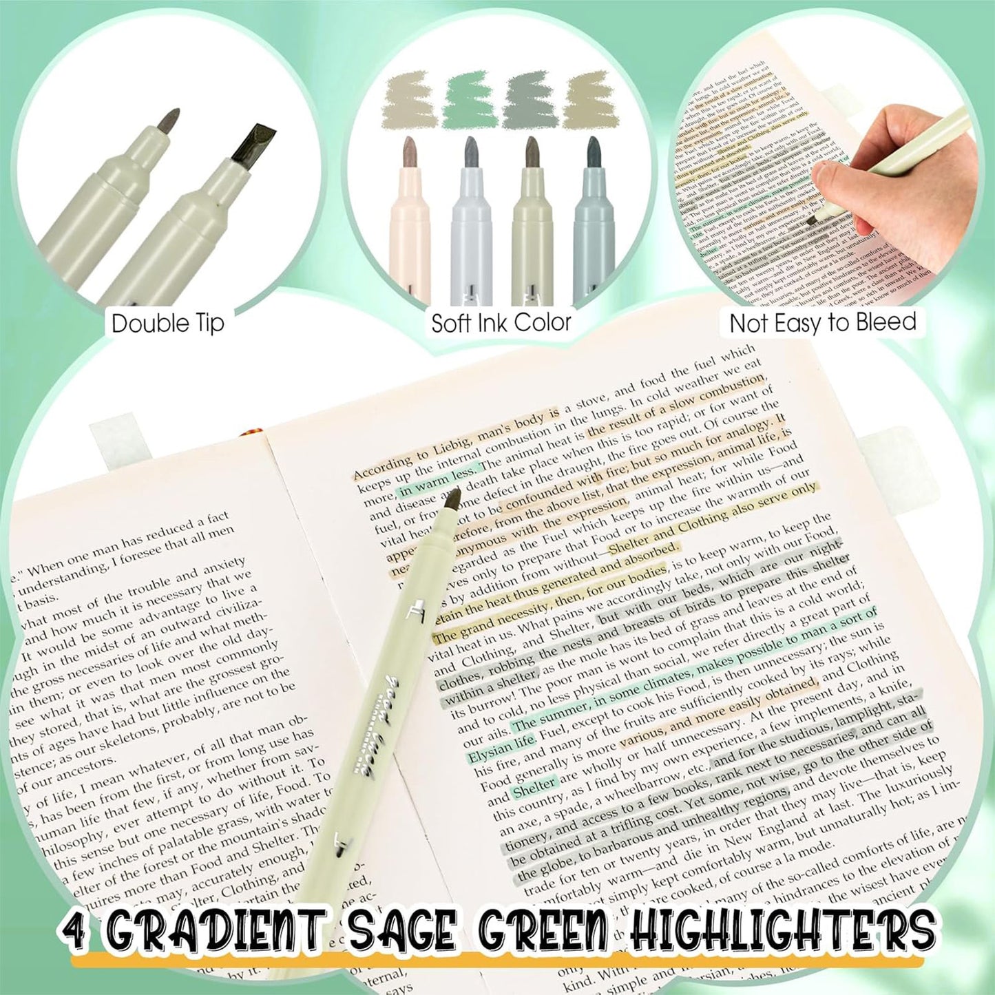 Set de bureau vert avec bloc-notes, stylos et surligneurs