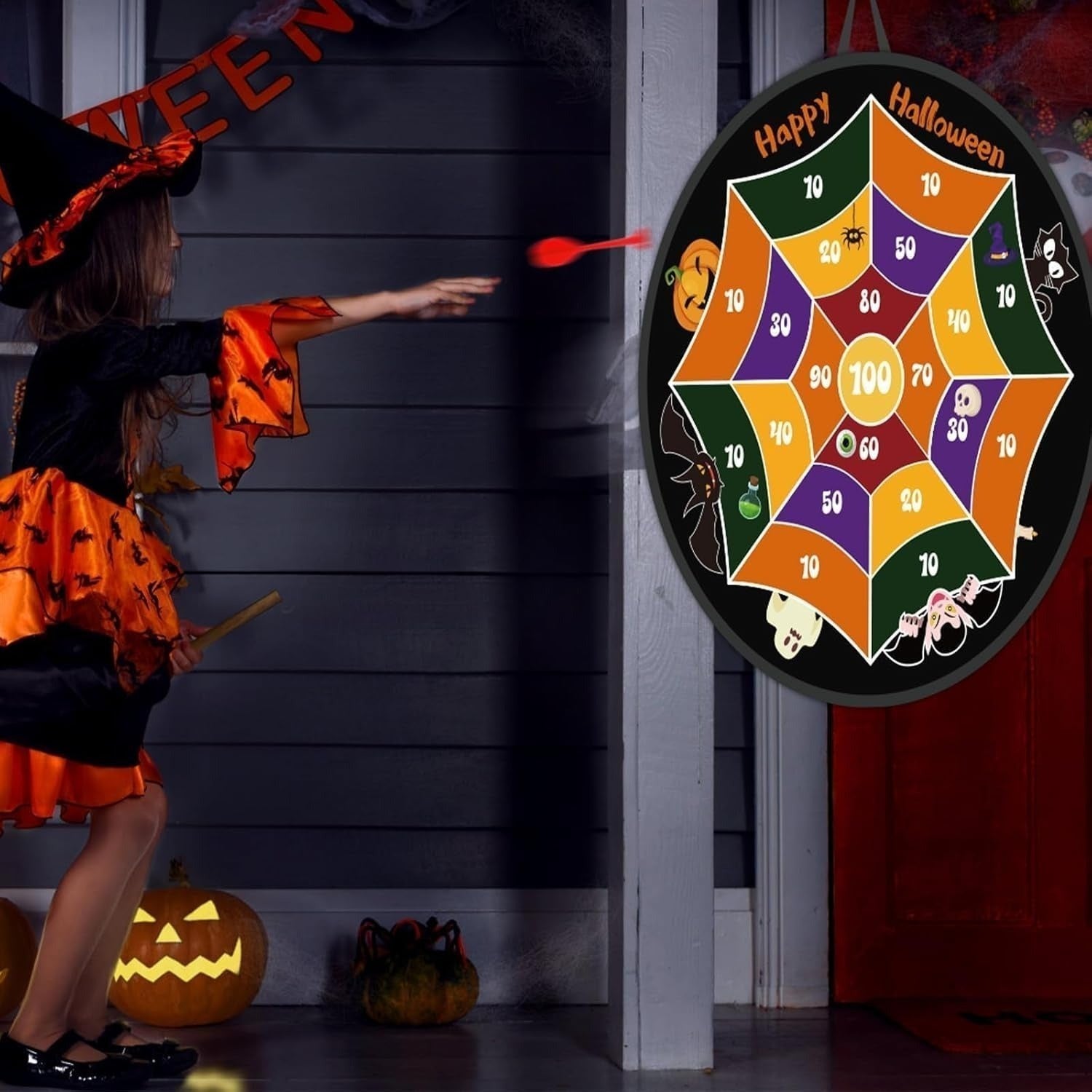 Cible fléchettes Velcro Halloween 66 cm, jeu pliable