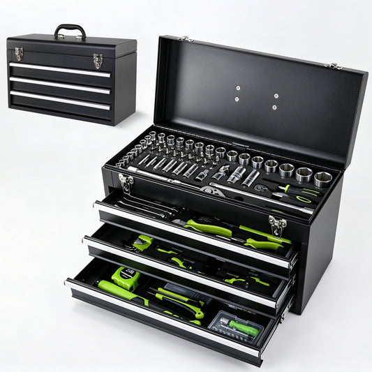 465-piece tool kit with 3-drawer metal toolbox, workshop