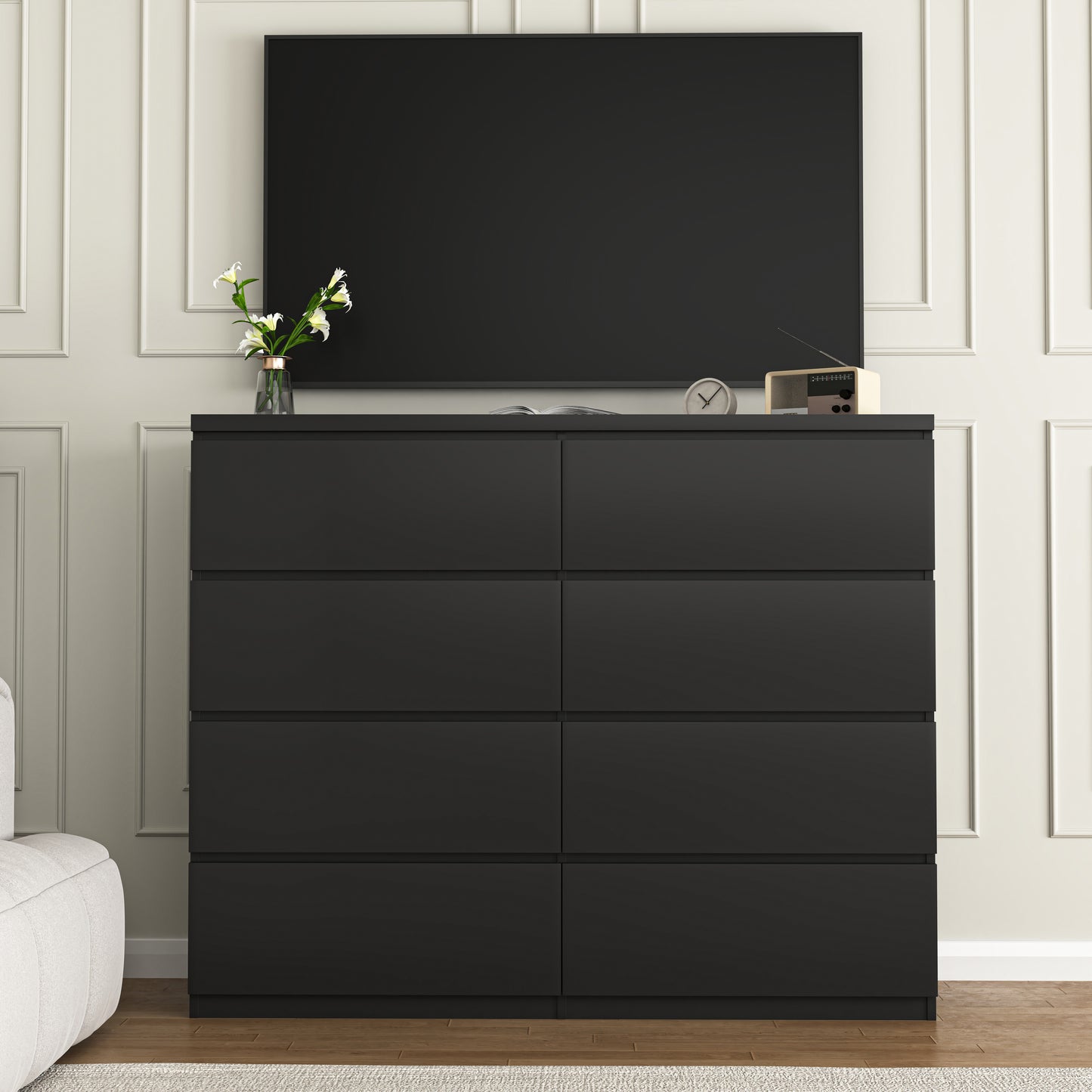 Commode 8 tiroirs en bois pour chambre, noire