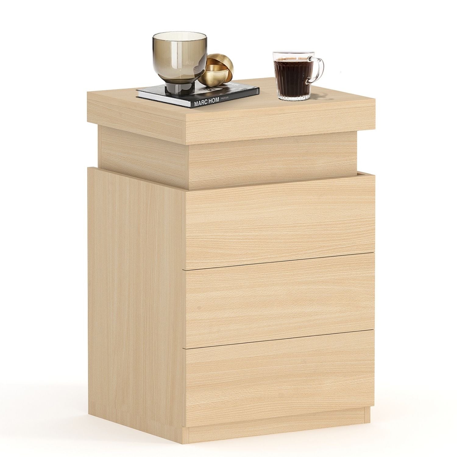 Table de chevet LED avec station de charge et 3 tiroirs