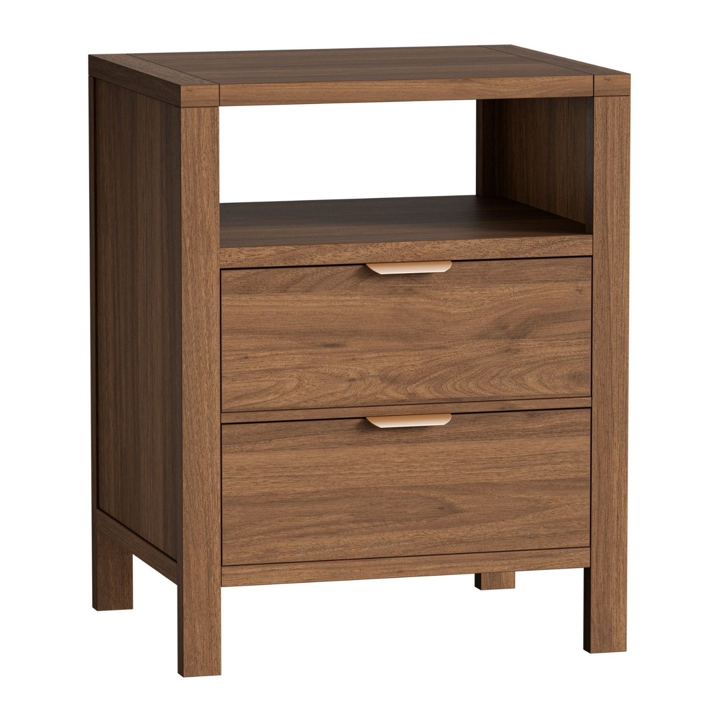Table de chevet en bois, 2 tiroirs et étagère