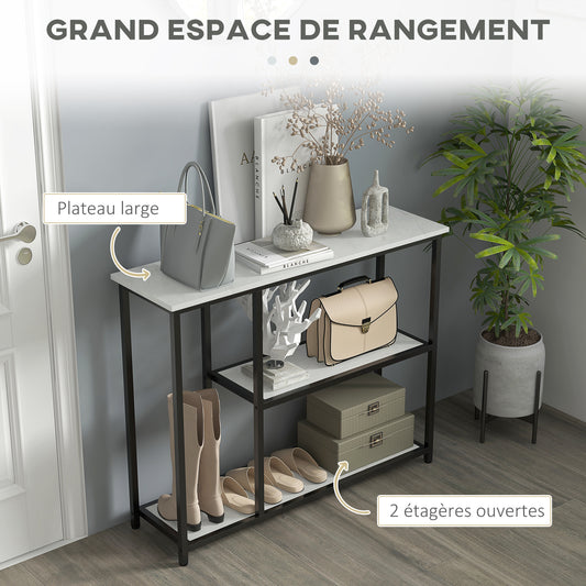 Console table 100 cm, 3-tier console table, marble effect shelves, steel frame, white