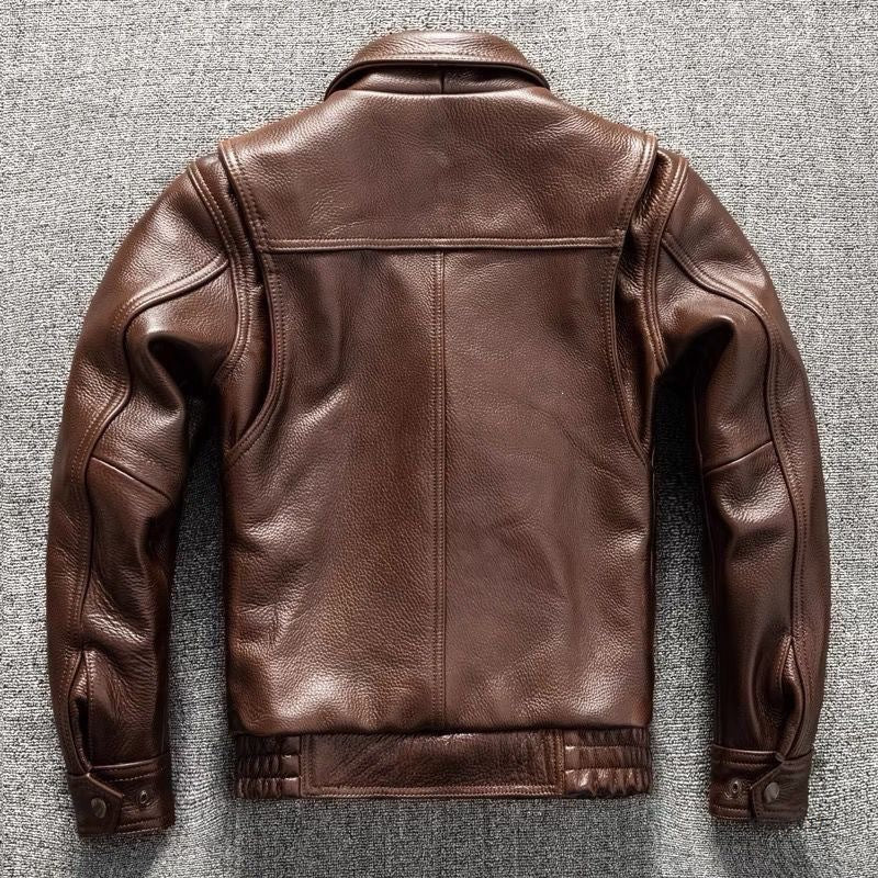 Veste en cuir véritable marron, coupe ajustée courte