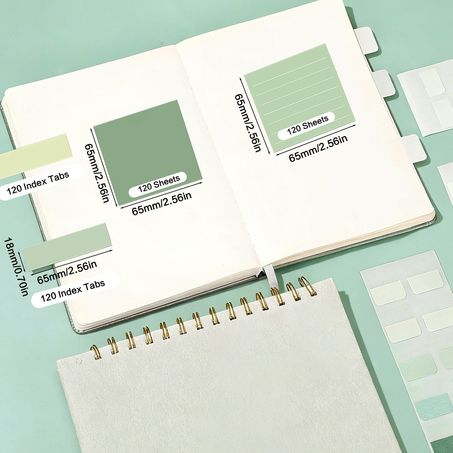 Set de bureau vert avec bloc-notes, stylos et surligneurs