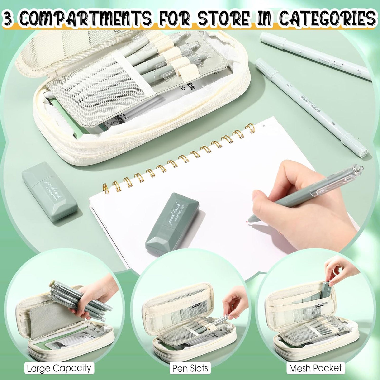 Set de bureau vert avec bloc-notes, stylos et surligneurs