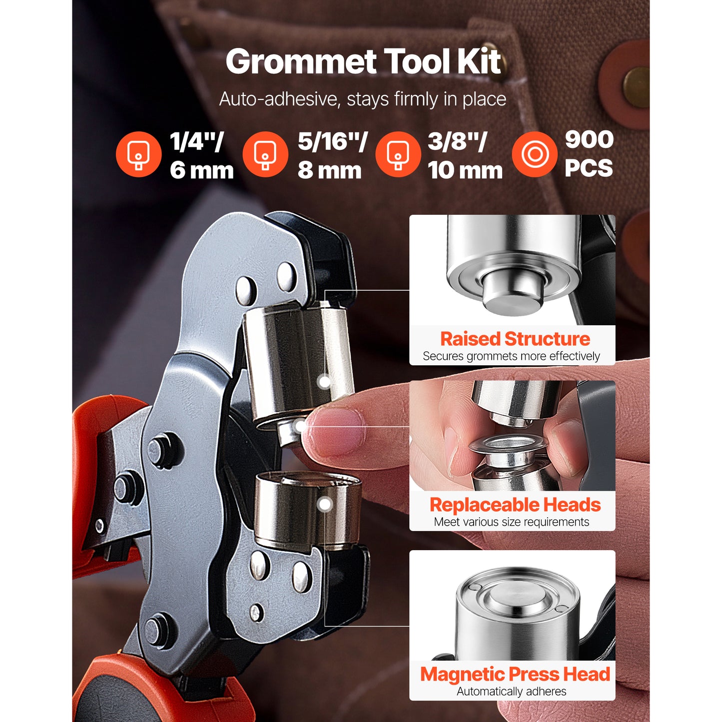 Kit œillets 900 pièces, tailles 1/4, 5/16 et 3/8 po